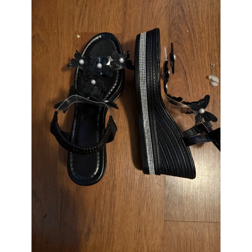 Womens Black Wedge Sandals Butterfly Embellished Pearl Detail Size‎ 41